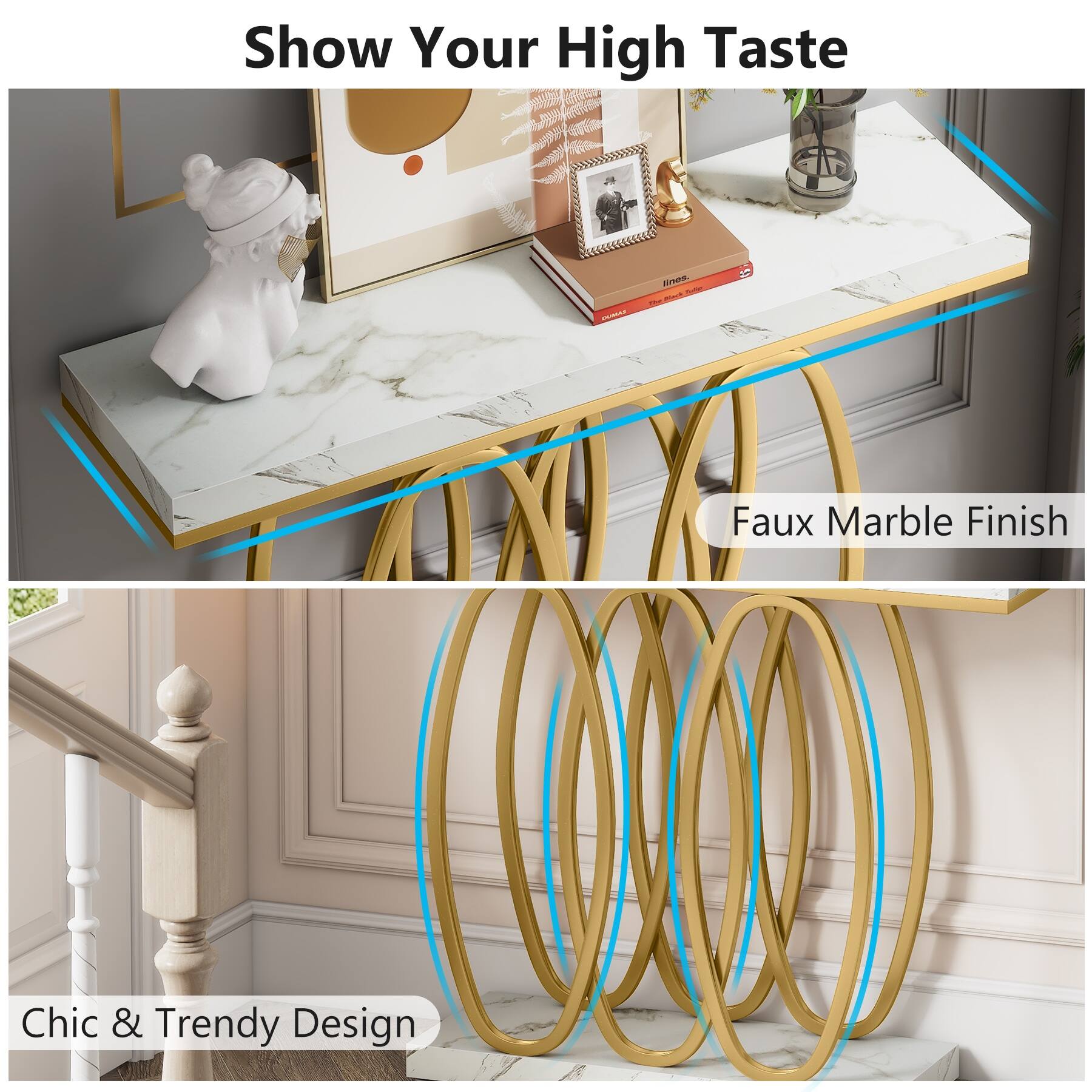 39" White Gold Console Table, Modern Entry TableLuxury Faux Marble